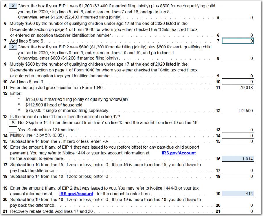 Recovery Rebate Worksheet Form